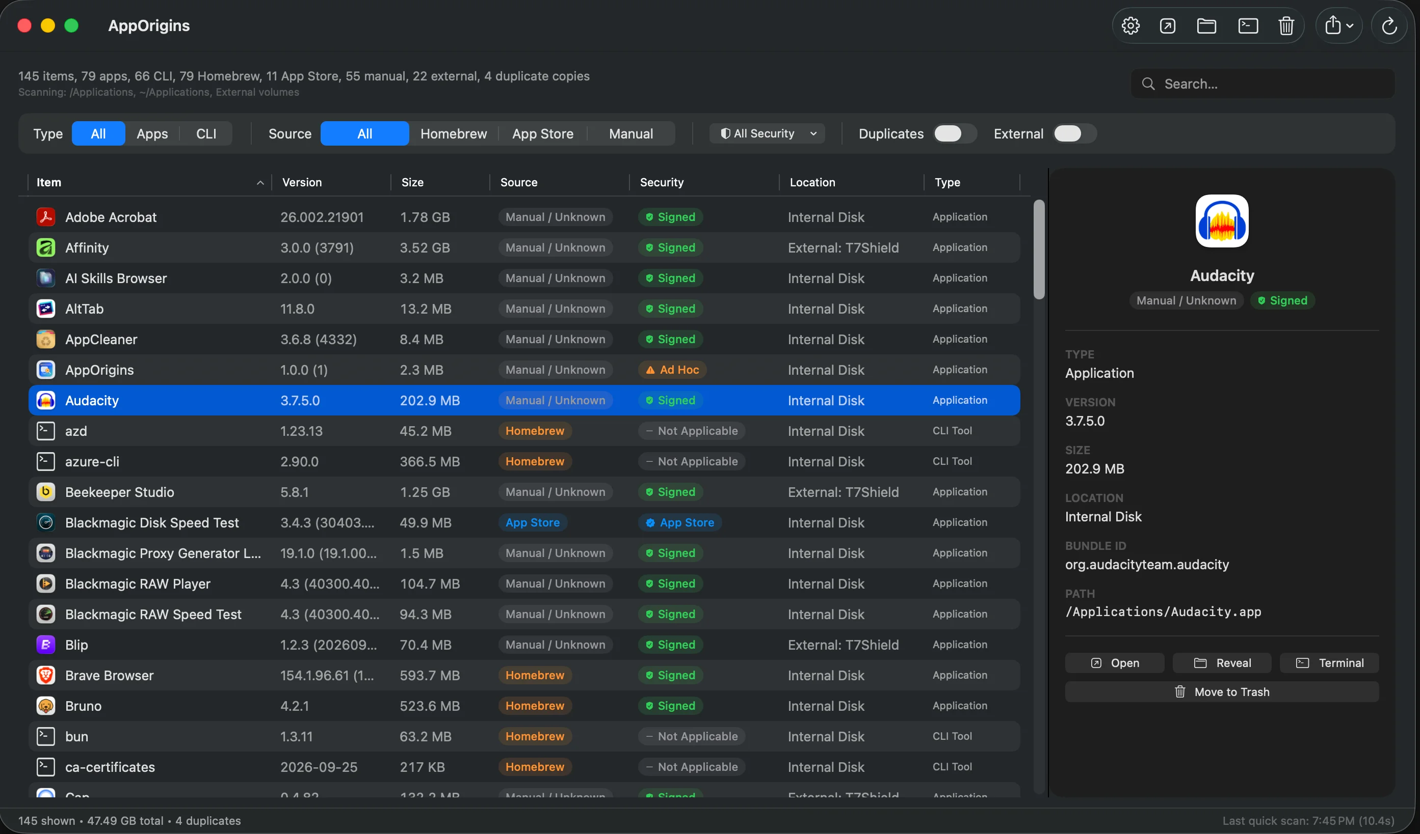 AppOrigins showing installed Mac apps and CLI tools, their installation sources, signing status, sizes, and app details.