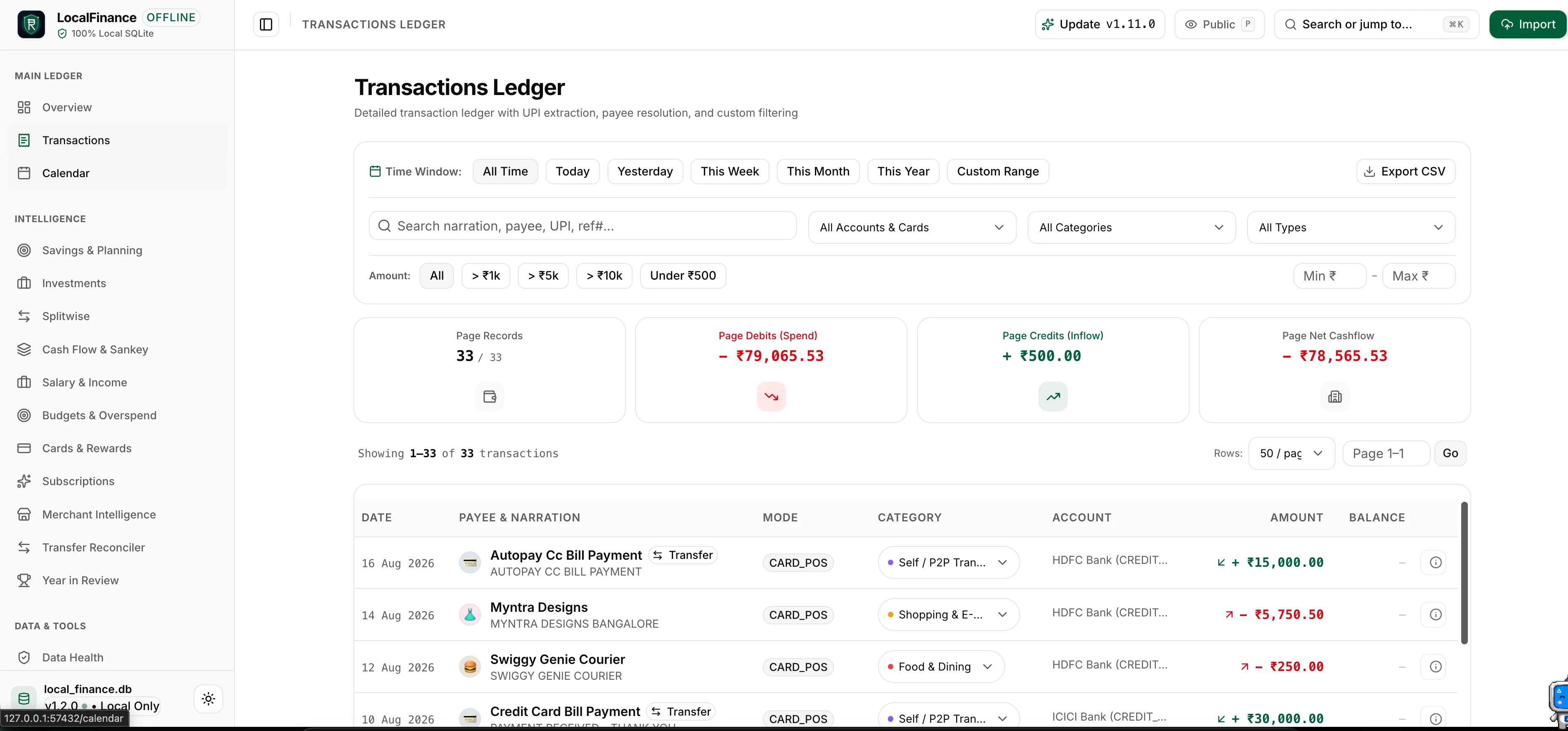 LocalFinance transactions ledger with spending summaries, account filters, and categorized bank transactions.