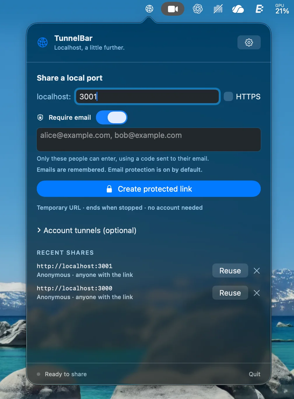 TunnelBar macOS menu bar app showing a local port, email protection, a Create protected link button, and recent shares.