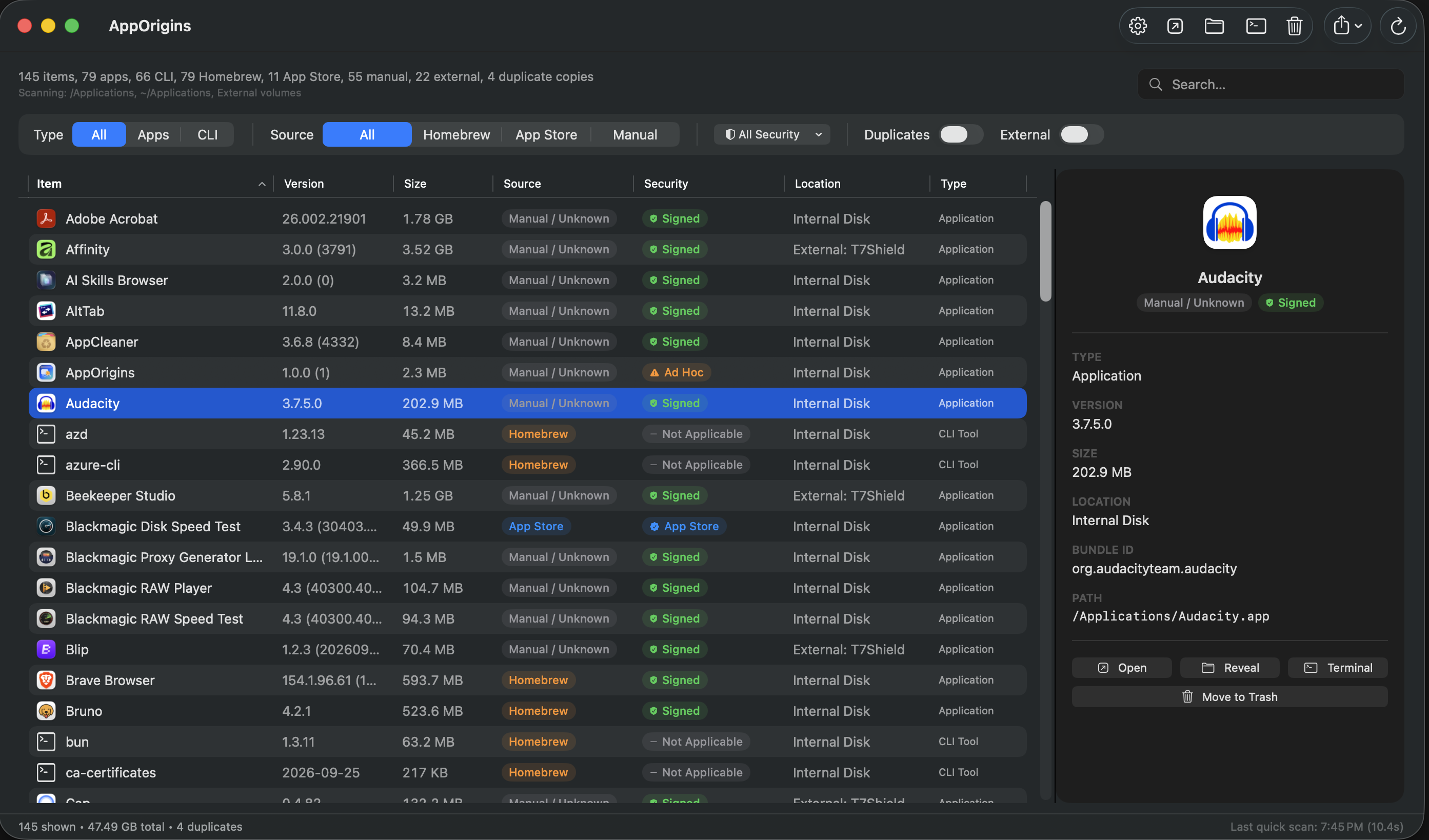 AppOrigins showing installed applications and CLI tools, with source, version, size, signing status, and an app detail panel