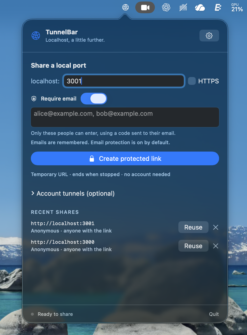 TunnelBar’s native macOS menu bar panel, showing local port 3001, email protection enabled, optional account tunnels, and recent anonymous shares.